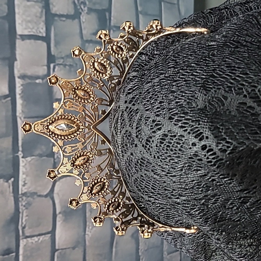 Elegant Metal Gold Tiara with Green & Black Rhinestone Accents - Picture 7 of 12